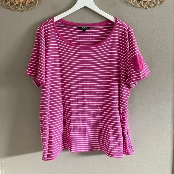 Lauren Ralph Lauren Tops - Lauren Ralph Lauren Cotton Basic Shirt RLL Monogram Pocket Pink White Stripe 2X